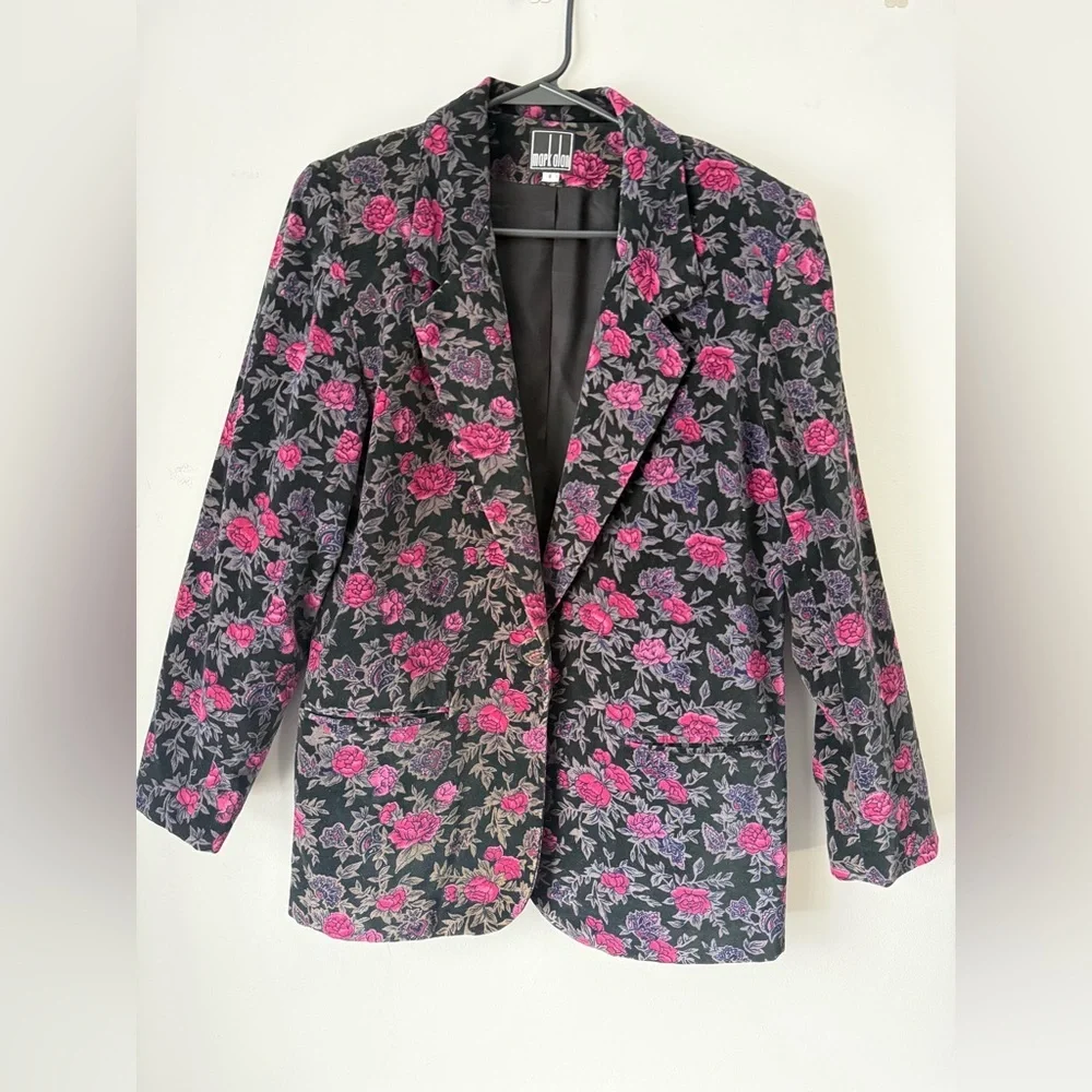 VTG Mark Alan Blazer Jacket Black Gray Pink Floral Size 8 M Lined Pockets Cotton - Picture 2 of 8